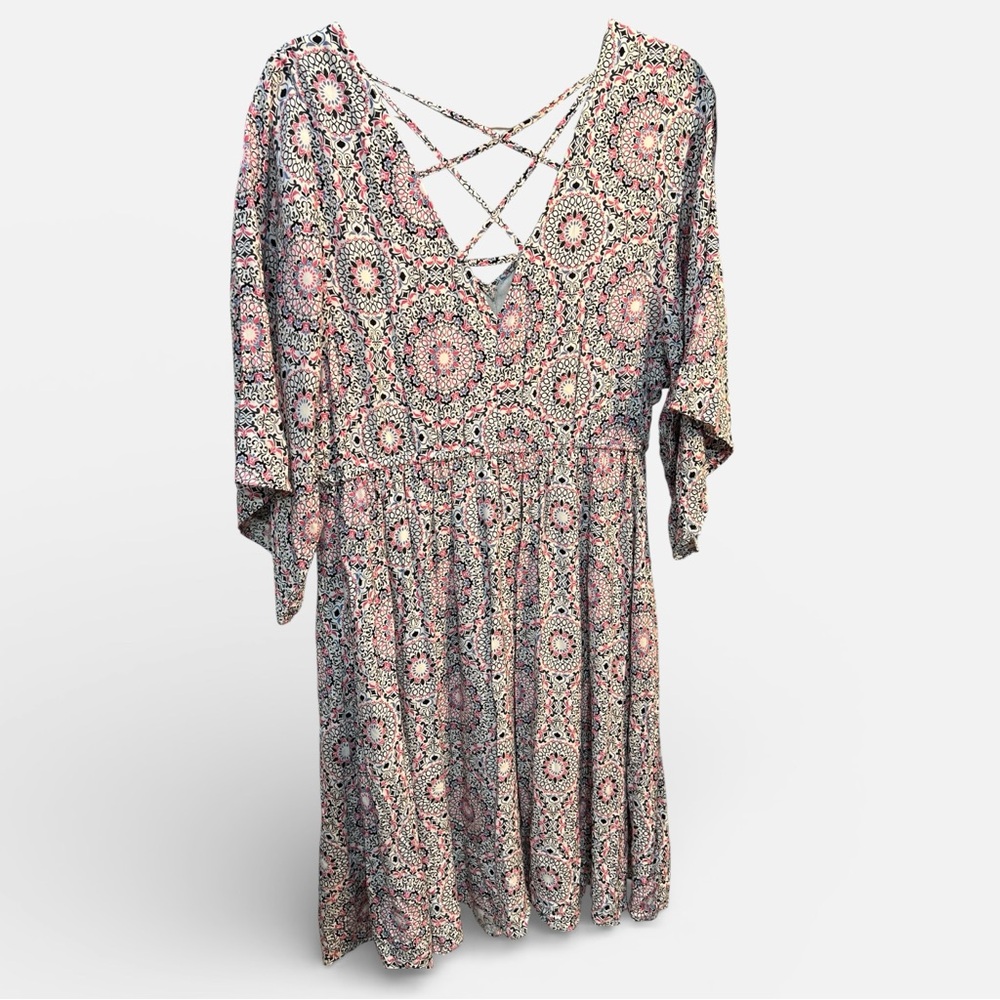 Torrid floral print challis strappy back dress with bell sleeves plus Sz. 1x